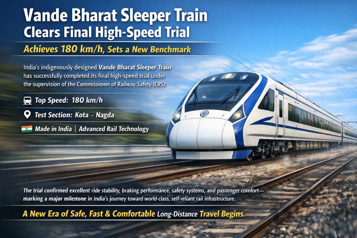 वंदे भारत स्लीपर ट्रेन का अंतिम हाई-स्पीड टेस्ट सफल, 180 किमी प्रतिघंटा की रफ्तार से रचा नया कीर्तिमान