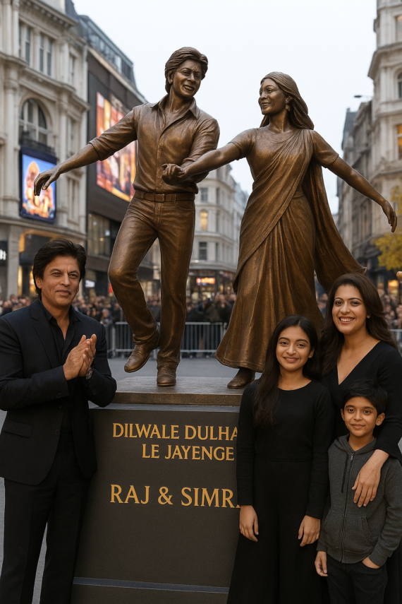 लंदन के लीसेस्टर स्क्वायर में DDLJ के राज–सिमरन की ब्रॉन्ज मूर्ति का अनावरण, शाहरुख–काजोल ने रचा इतिहास