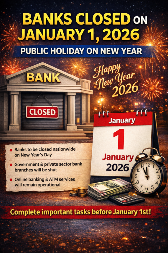 1 जनवरी 2026 को बैंक रहेंगे बंद, नए साल पर सार्वजनिक अवकाश