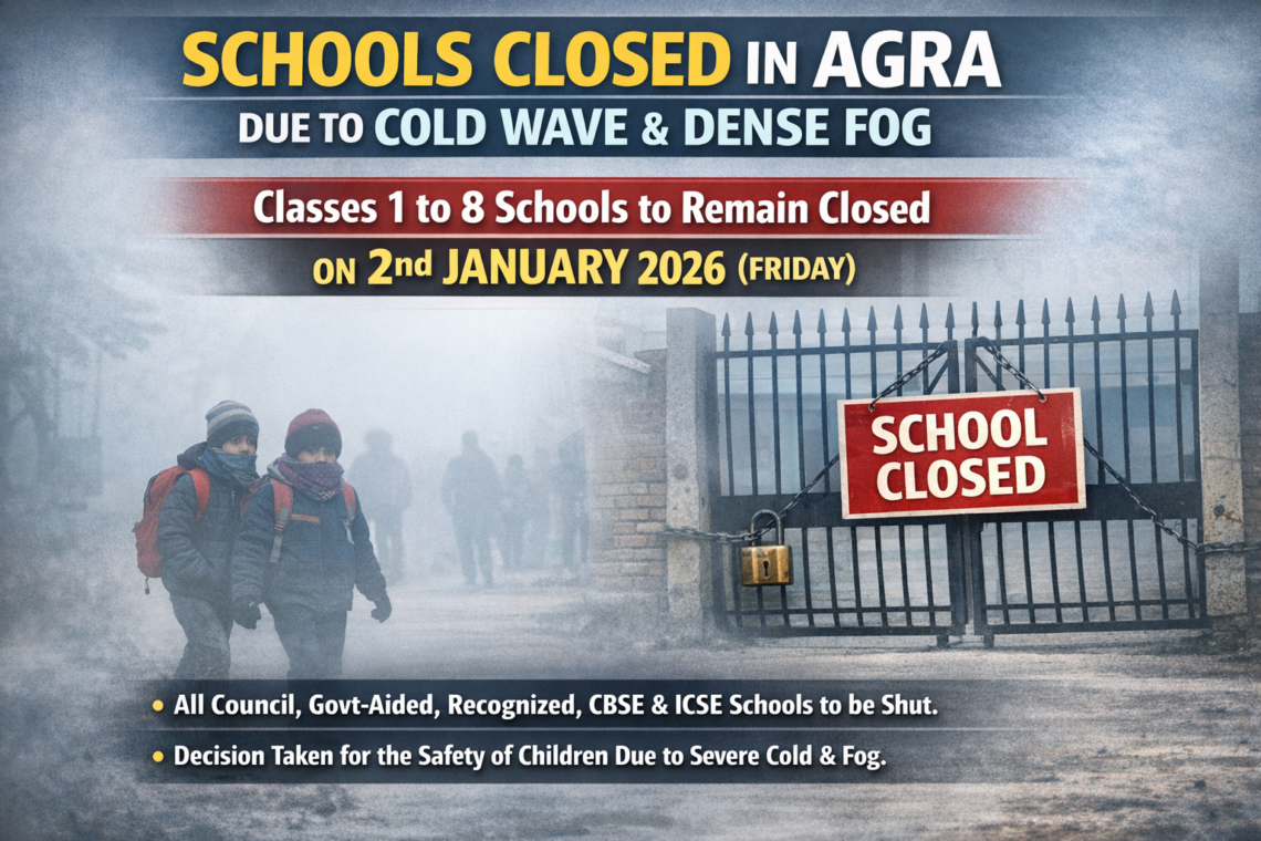 शीतलहर और घने कोहरे के चलते आगरा में कक्षा 1 से 8 तक के स्कूलों में अवकाश घोषित