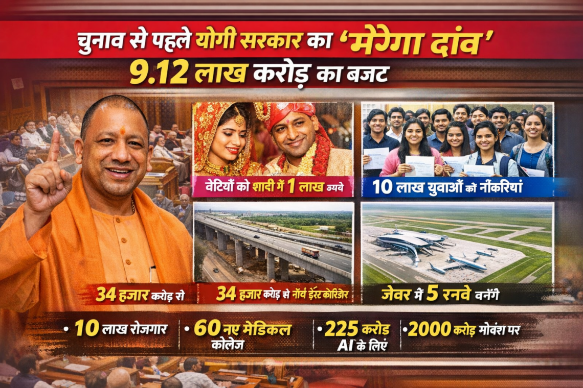 चुनाव से पहले योगी सरकार का ‘मेगा दांव’: 9.12 लाख करोड़ का बजट, बेटियों को 1 लाख, युवाओं को 10 लाख नौकरियां, जेवर में 5 रनवे