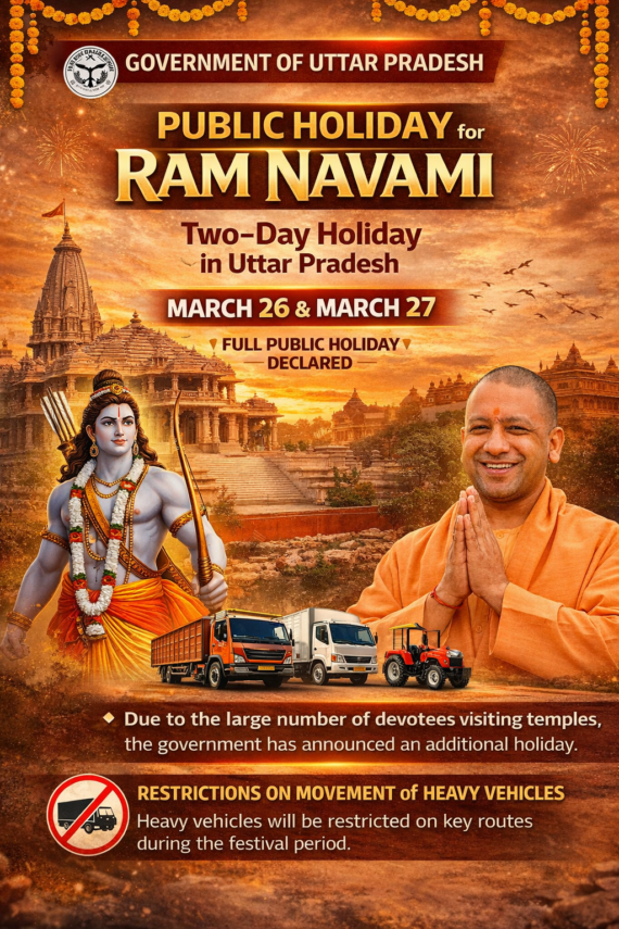 रामनवमी पर यूपी में दो दिन का सार्वजनिक अवकाश, भारी वाहनों पर भी पाबंदी