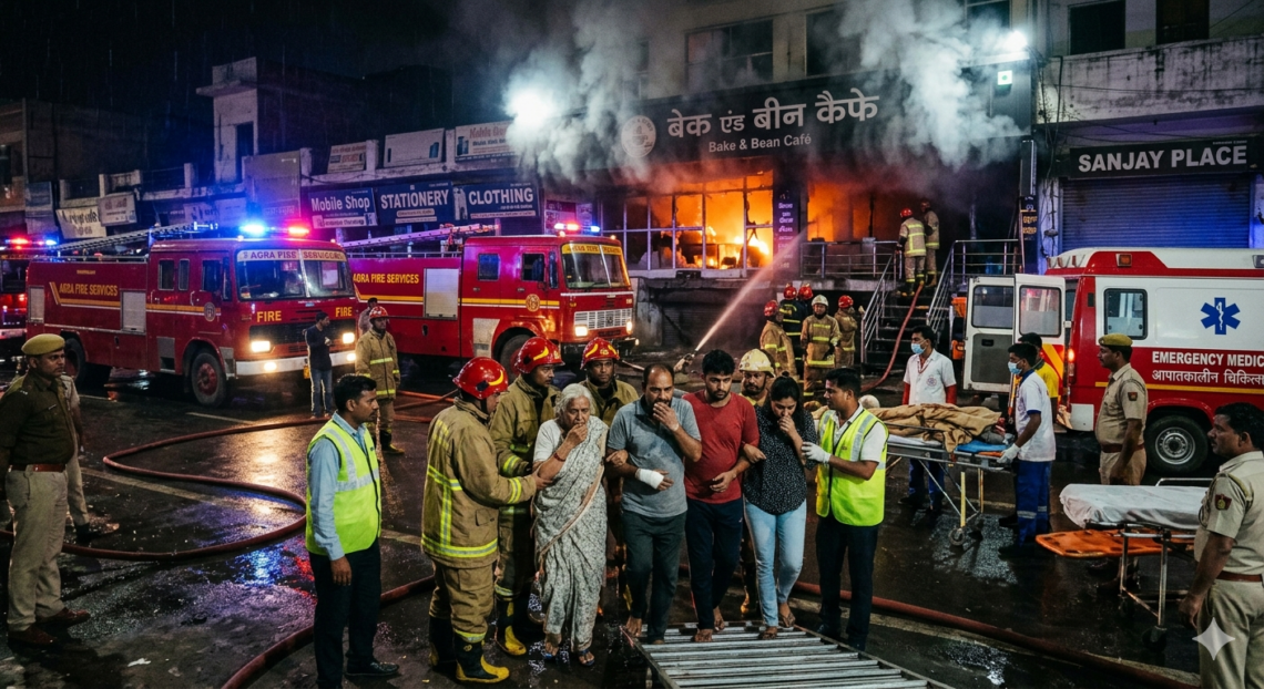 संजय प्लेस के कैफे में देर रात आग, पांच लोगों को सुरक्षित निकाला