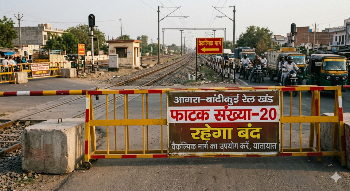 आगरा–बांदीकुई रेल खंड पर फाटक संख्या-20 रहेगा बंद, वैकल्पिक मार्ग से होगा यातायात