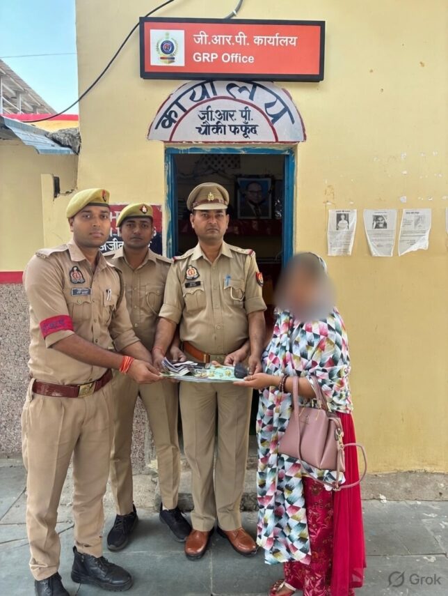फफूंद जीआरपी की मुस्तैदी रंग लाई: 4 लाख के जेवर व नकदी से भरा खोया बैग महिला को सुरक्षित लौटाया