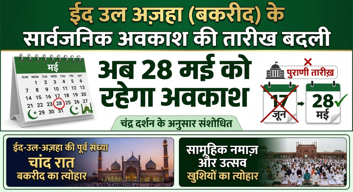 ईद उल अज़हा (बकरीद )के सार्वजनिक अवकाश की तारीख बदली, अब 28 मई को रहेगा अवकाश