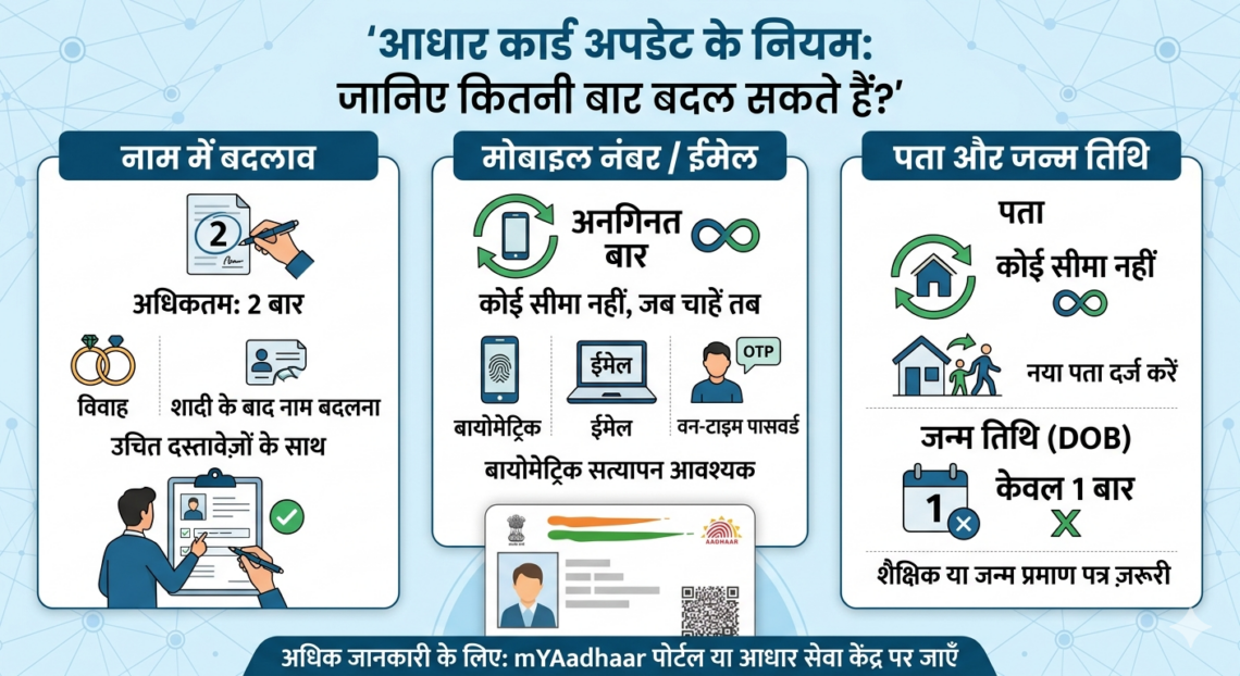 आधार कार्ड अपडेट के नियम: जानिए कितनी बार बदल सकते हैं नाम, मोबाइल नंबर और पता