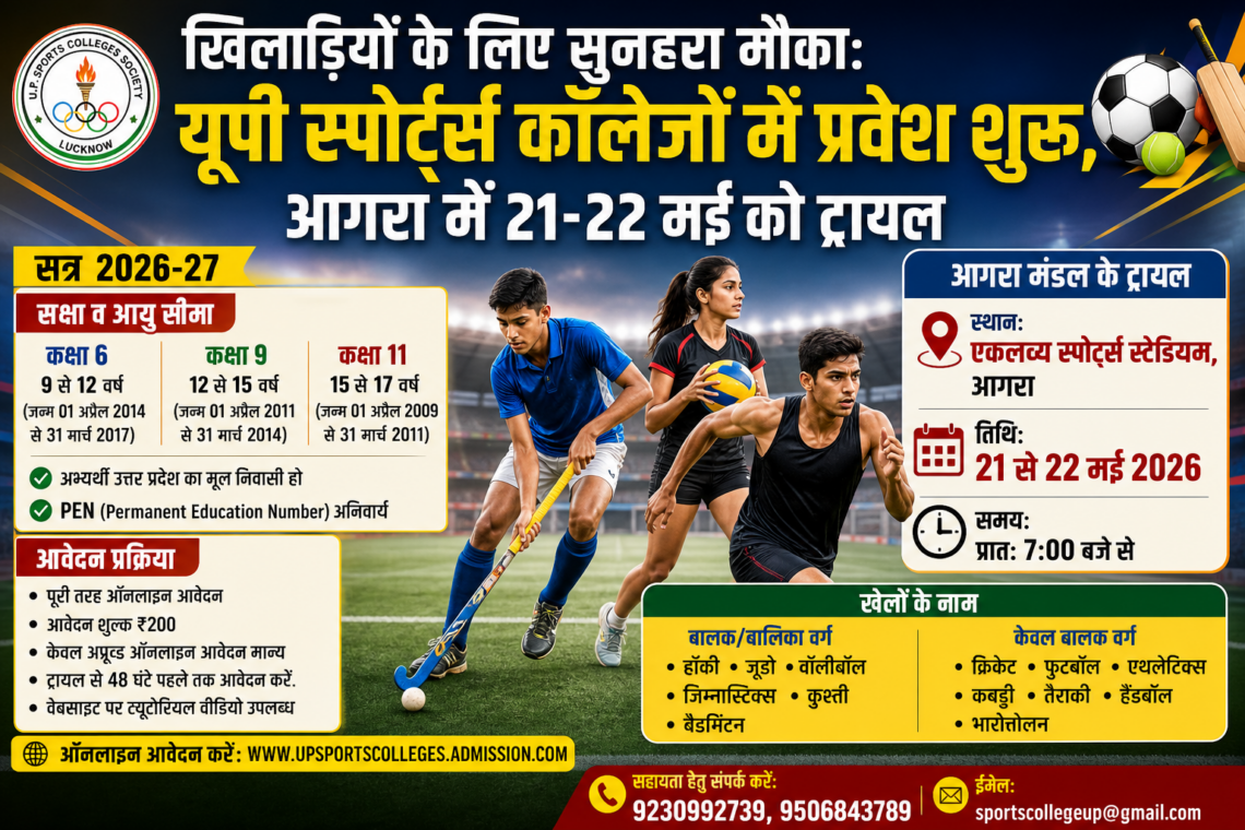 खिलाड़ियों के लिए सुनहरा मौका: यूपी स्पोर्ट्स कॉलेजों में प्रवेश शुरू, आगरा में 21-22 मई को ट्रायल