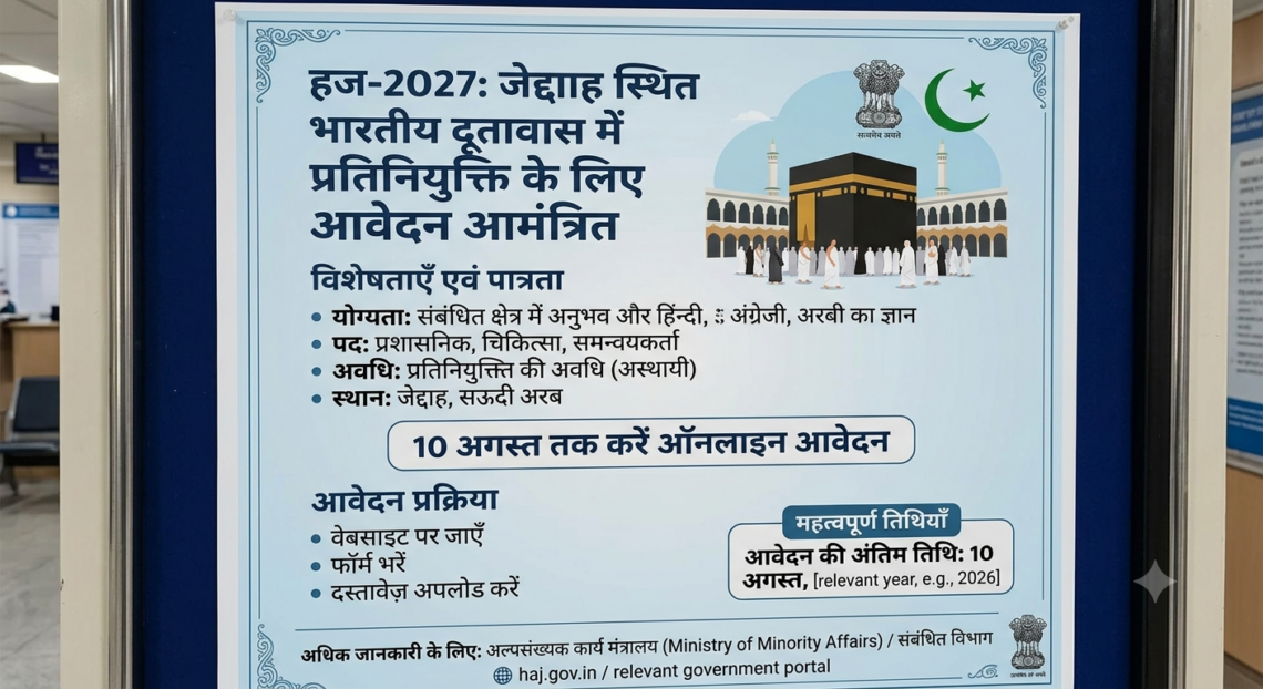 हज-2027: जेद्दाह स्थित भारतीय दूतावास में प्रतिनियुक्ति के लिए आवेदन आमंत्रित, 10 अगस्त तक करें ऑनलाइन आवेदन