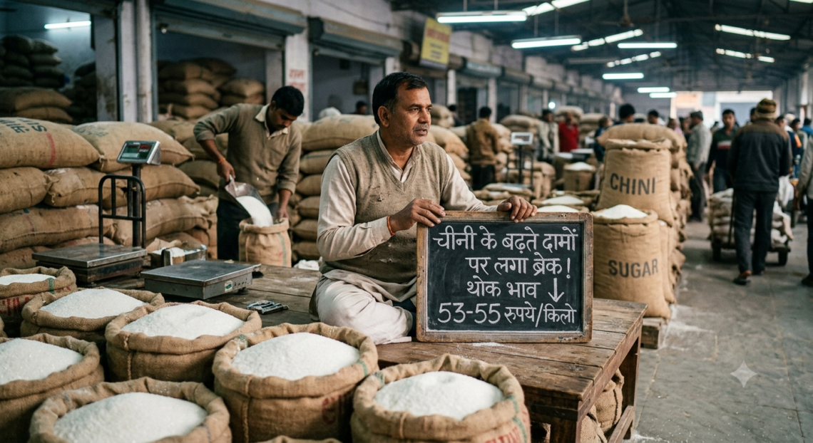 चीनी के बढ़ते दामों पर लगा ब्रेक, थोक भाव 53-55 रुपये किलो तक आया
