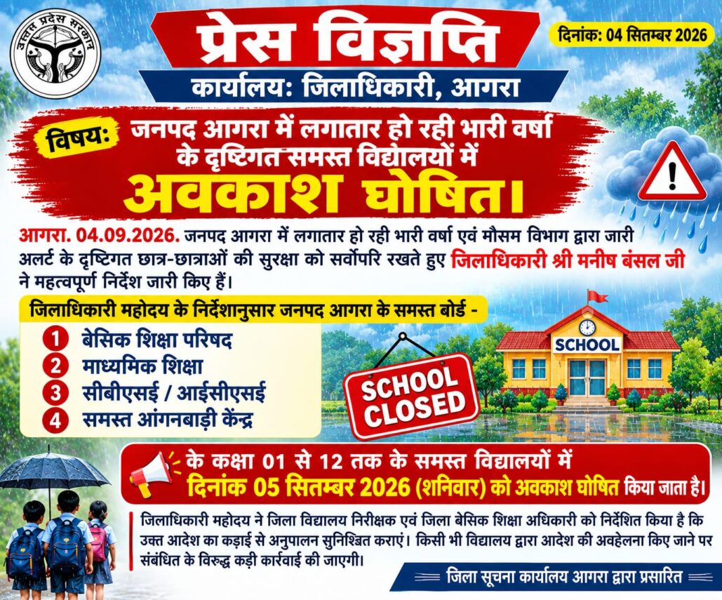 आगरा में भारी बारिश से स्कूलों की छुट्टी: कक्षा 1 से 12 तक सभी विद्यालय आज रहेंगे बंद