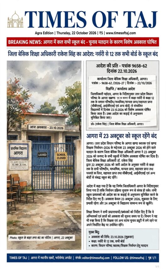 आगरा में 23 अक्टूबर को सभी स्कूलों में छुट्टी, DM मनीष बंसल ने जारी किए आदेश